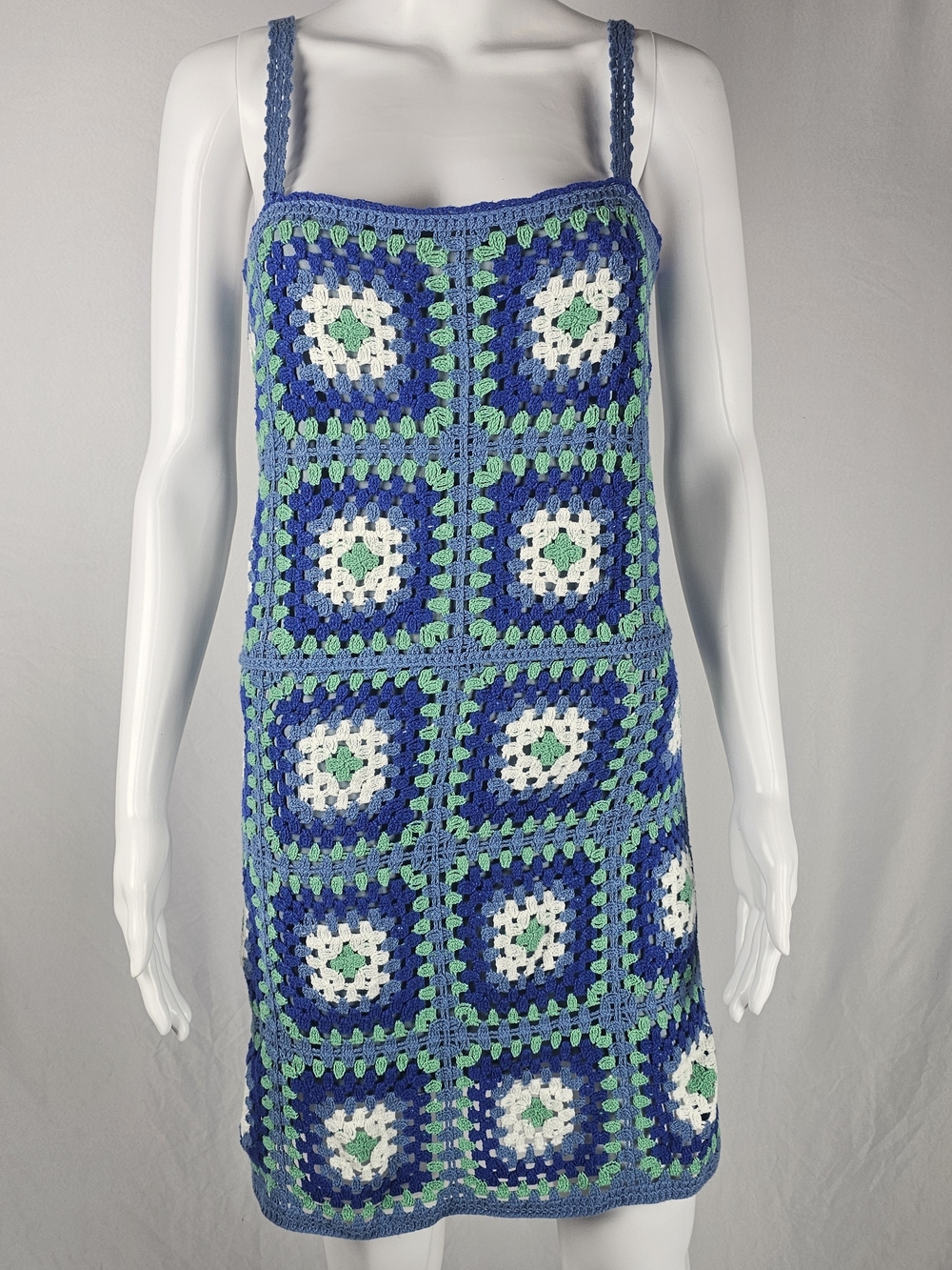 Lulu's Blue Crochet Strap Dress with Green & White Accents
